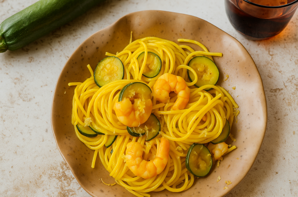Espaguetis con Calabacín, Camarón y Açafrão de cecco